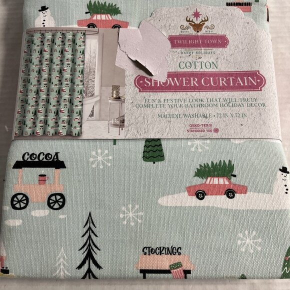 Twilight Town Christmas Fabric Shower Curtain Holiday Light Green Outdoor Snow - Picture 3 of 8